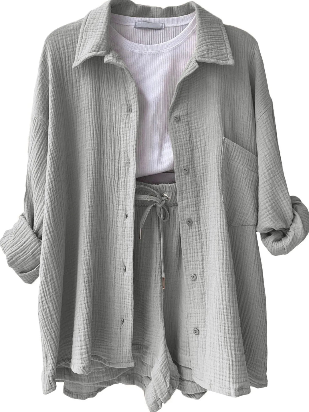 Textured Button Up Shirt and Shorts Set