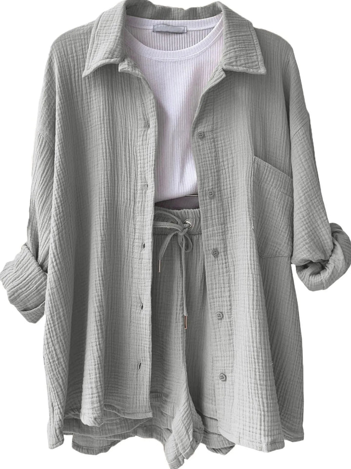 Textured Button Up Shirt and Shorts Set
