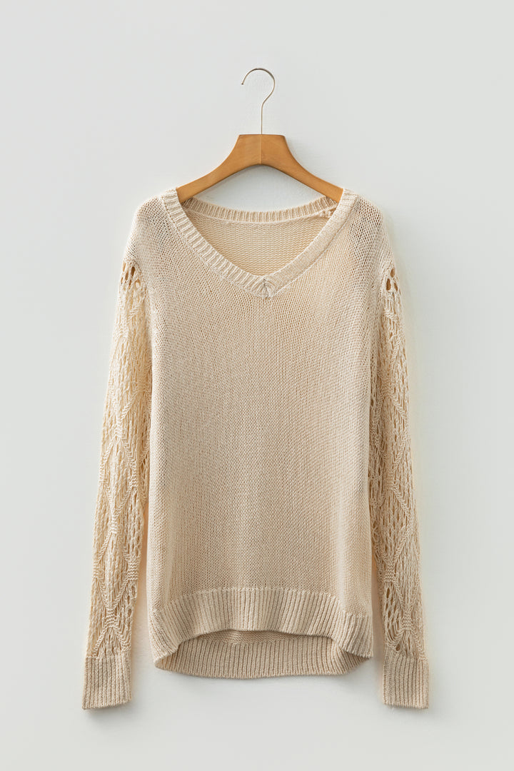 Jet Stream Solid V Neck Pointelle Knit Sleeve Patchwork Sweater