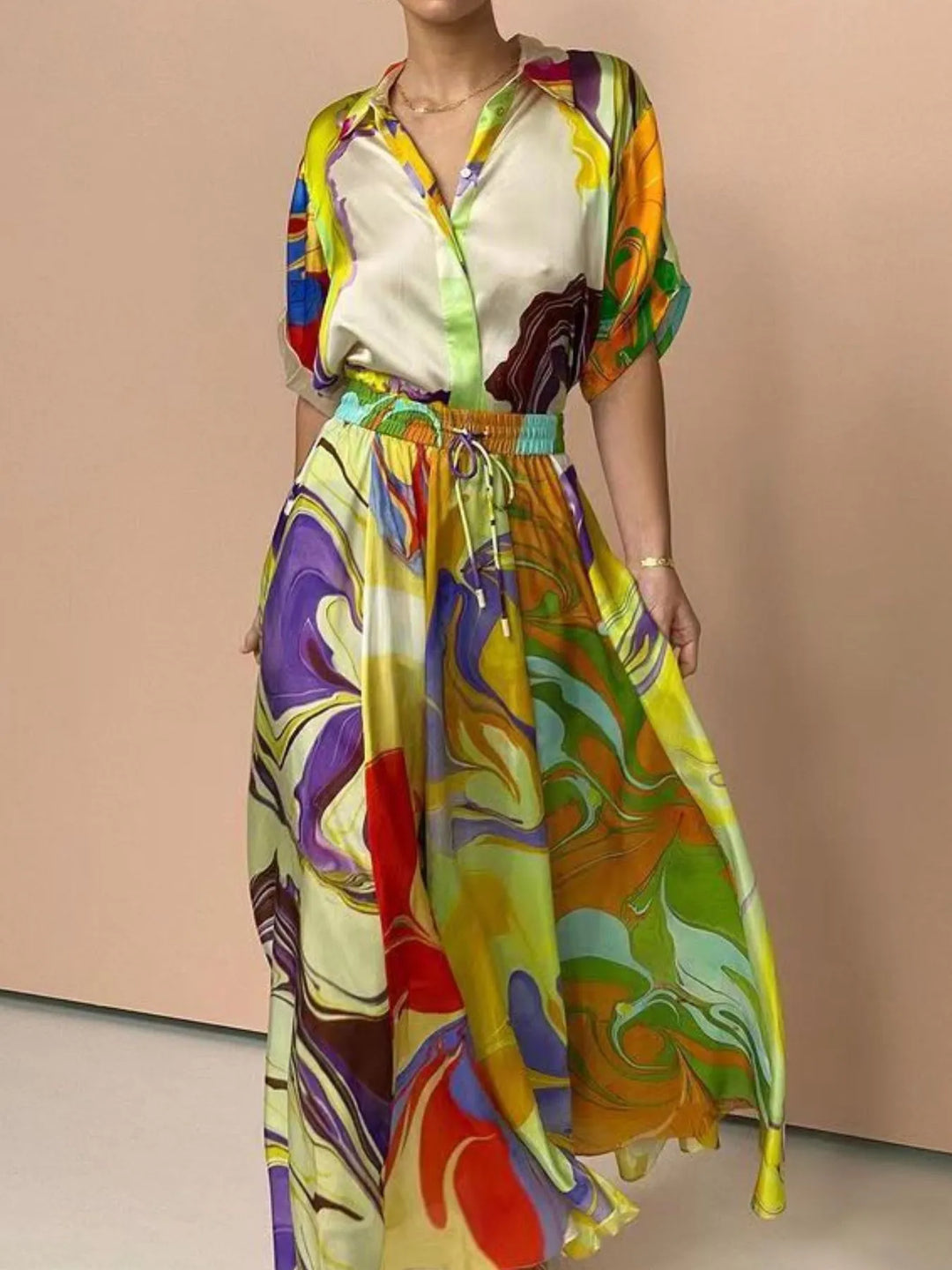 Printed Button Up Shirt and Skirt Set