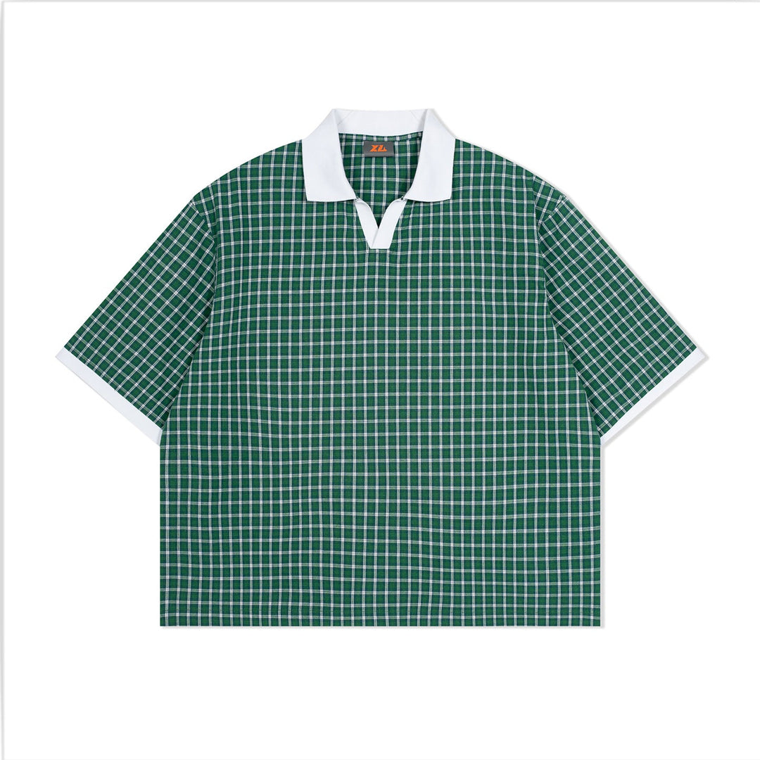 Mens Summer Thin Color-Block Plaid Lapel Short-Sleeve Shirt
