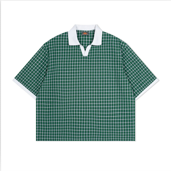 Mens Summer Thin Color-Block Plaid Lapel Short-Sleeve Shirt