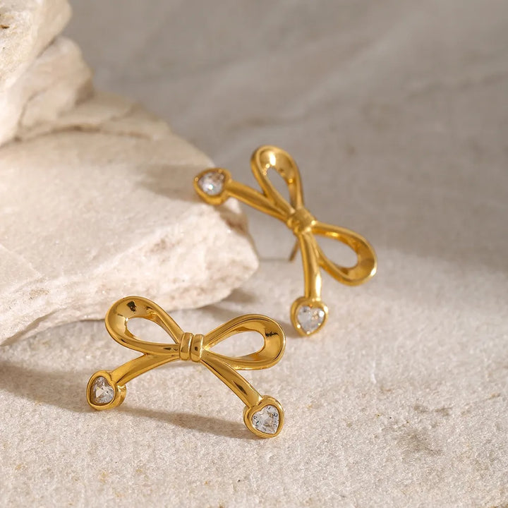 Stainless Steel Inlaid Zircon Bow Earrings