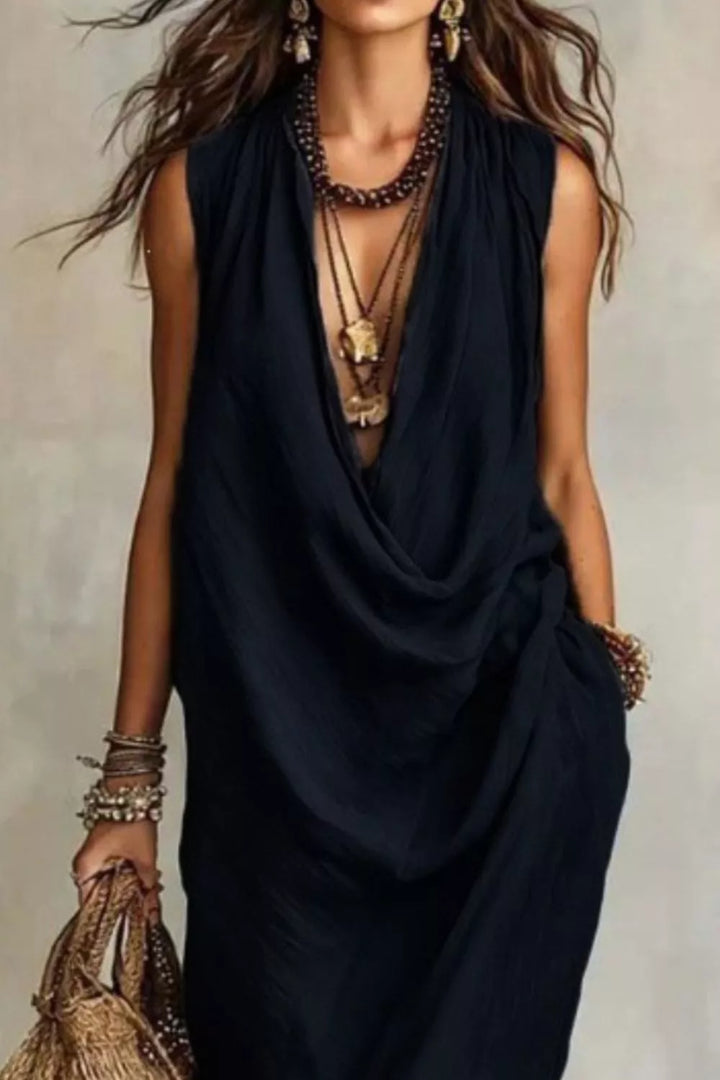 Sleeveless Drape Neck Midi Dress
