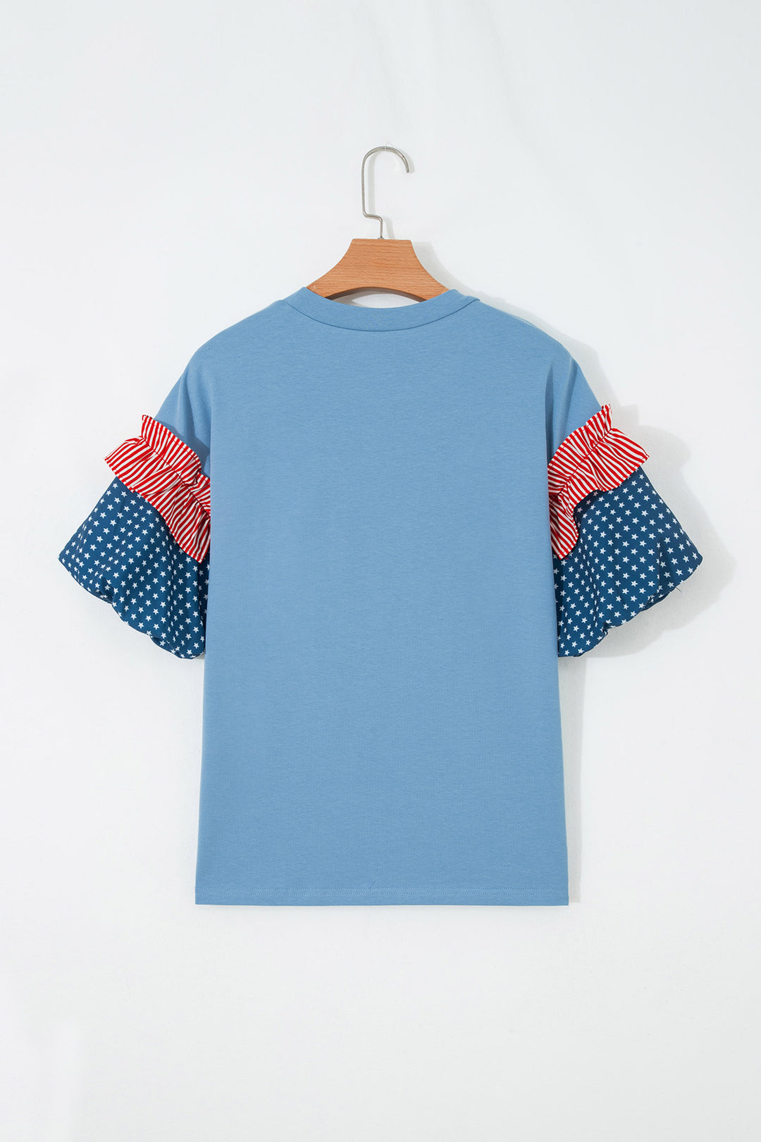 Beau Blue USA Chenille Lettering Stars and Stripes Patchwork Sleeve Top