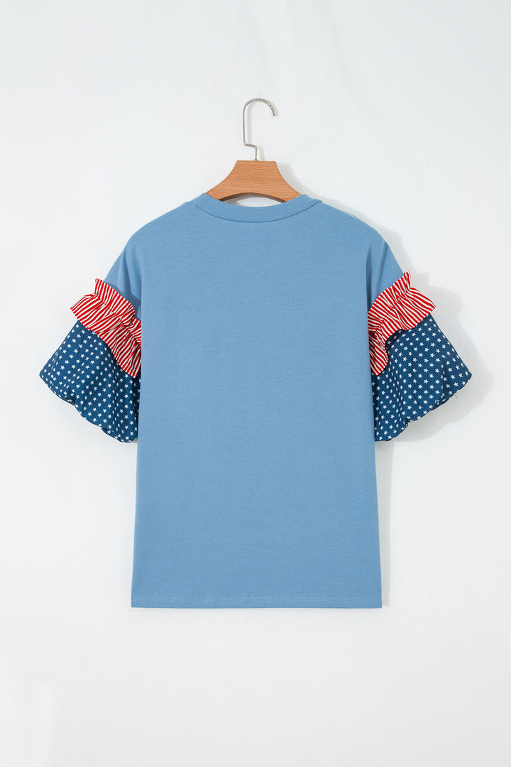 Beau Blue USA Chenille Lettering Stars and Stripes Patchwork Sleeve Top