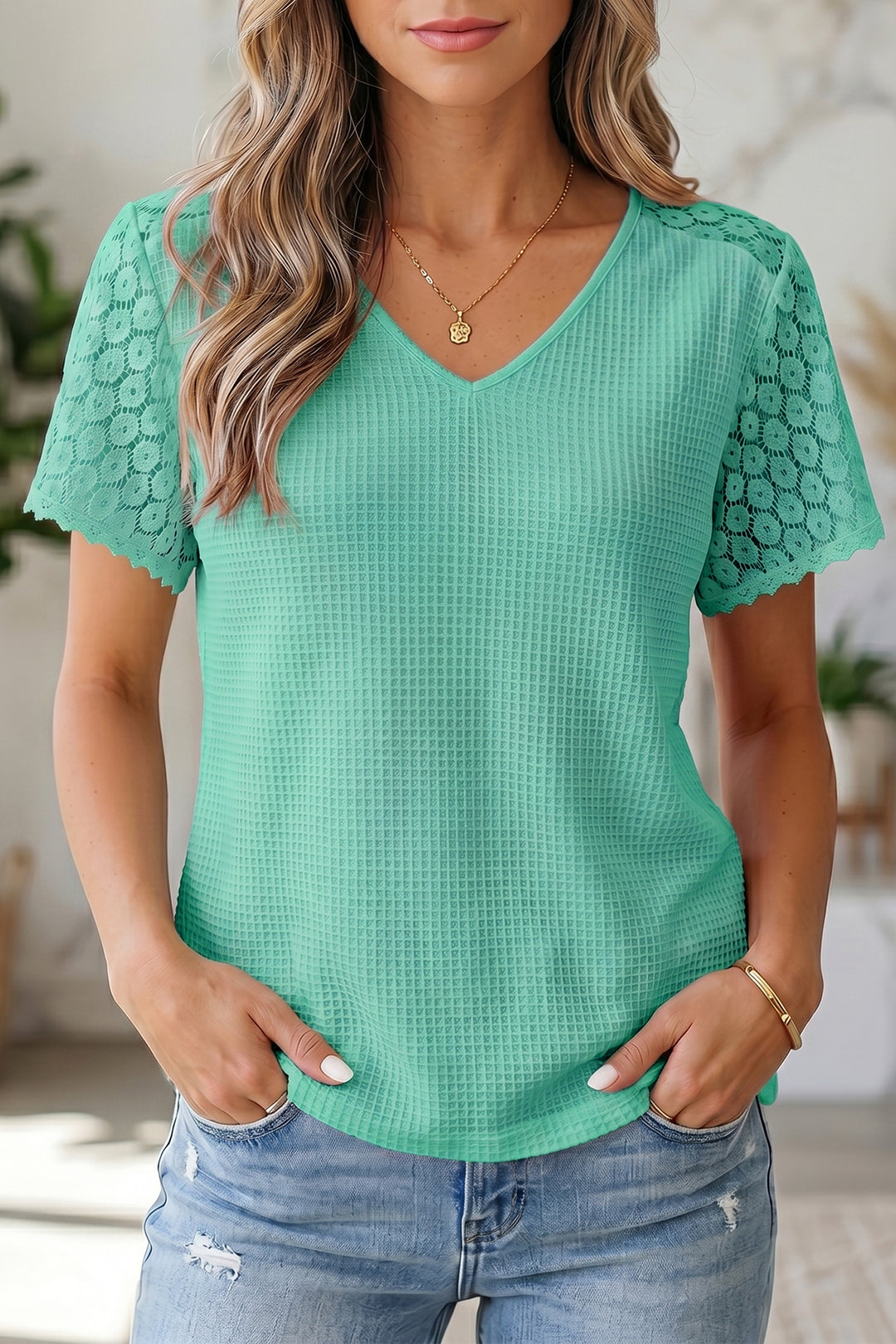 Pink Lace Splicing Button Cutout V Neck Waffle Knit Blouse