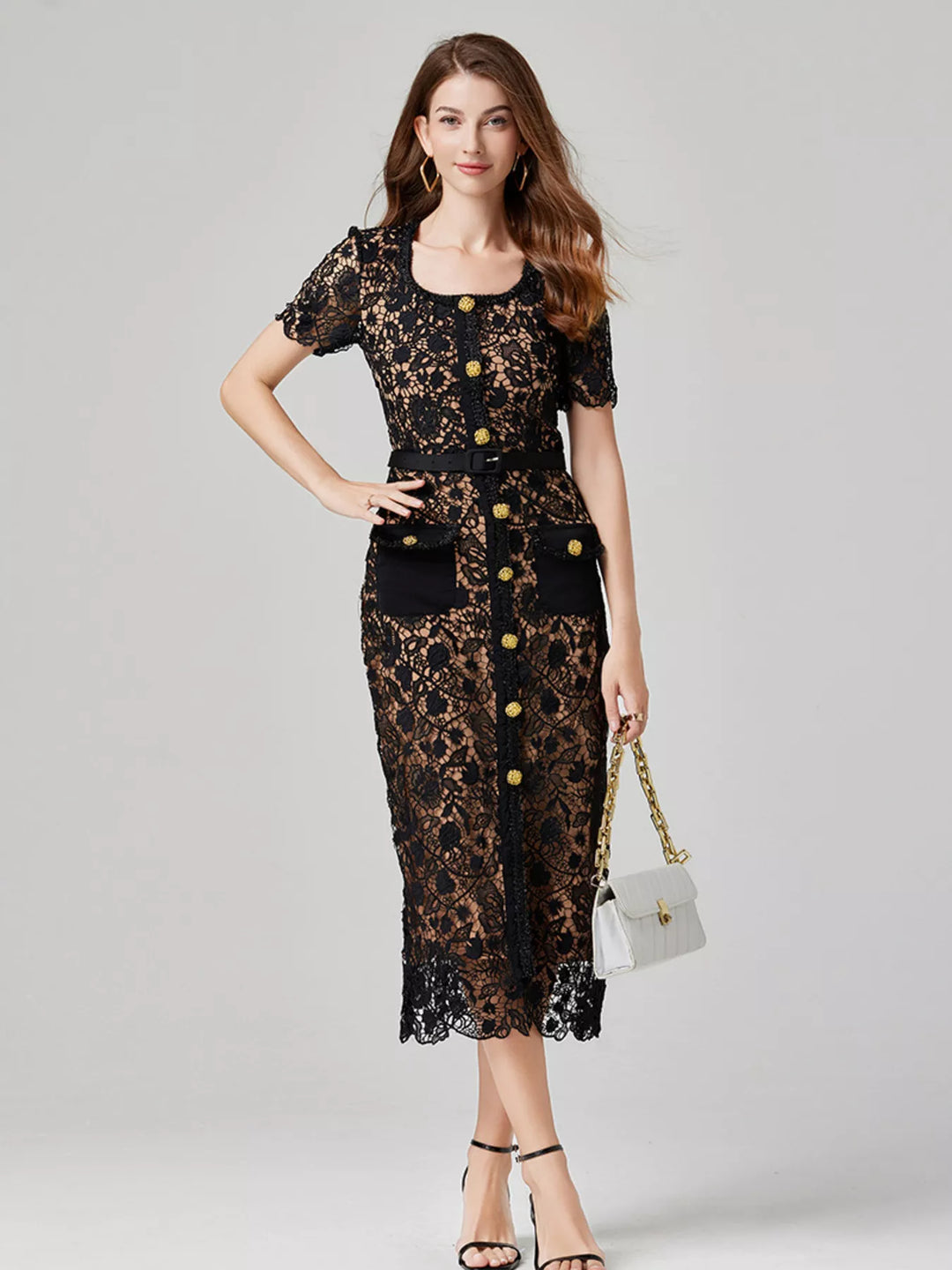 Lace Button-Up Midi Dress