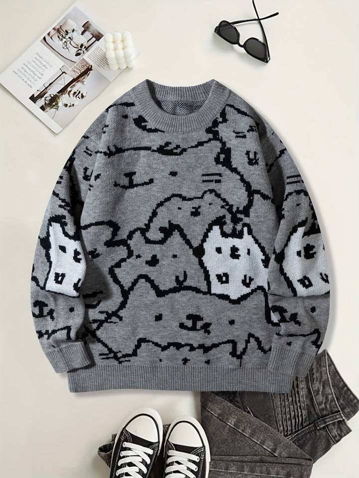 Mens Cute And Quirky Cat-print Knit Sweater