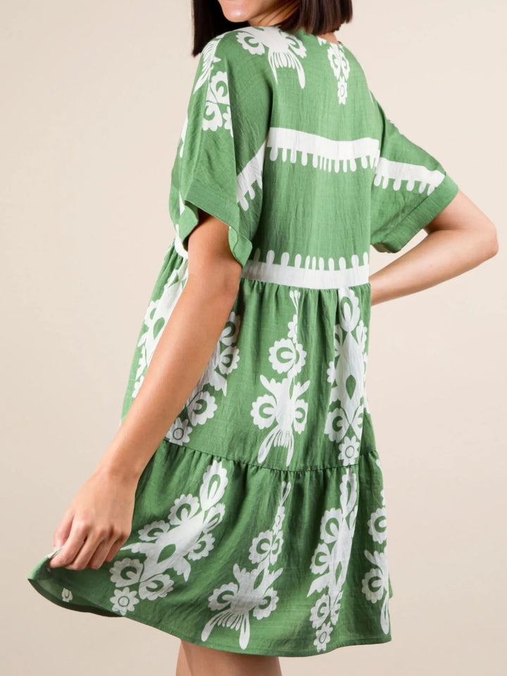 Printed V-Neck Short Sleeve Mini Dress