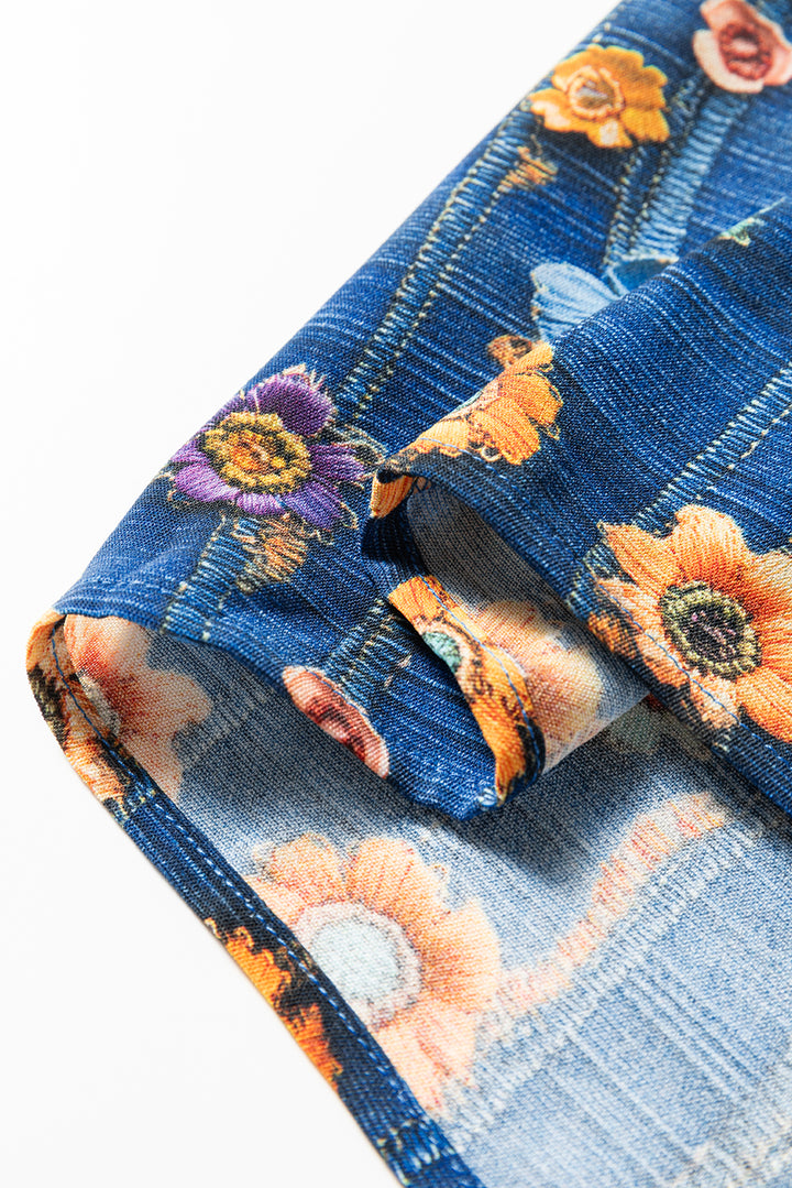 Blue Floral Collared V Neck Roll up Sleeve Shift Blouse