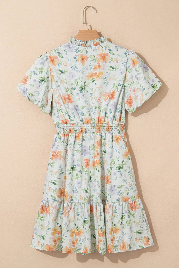 Frill Notched Puff Sleeve Dress
