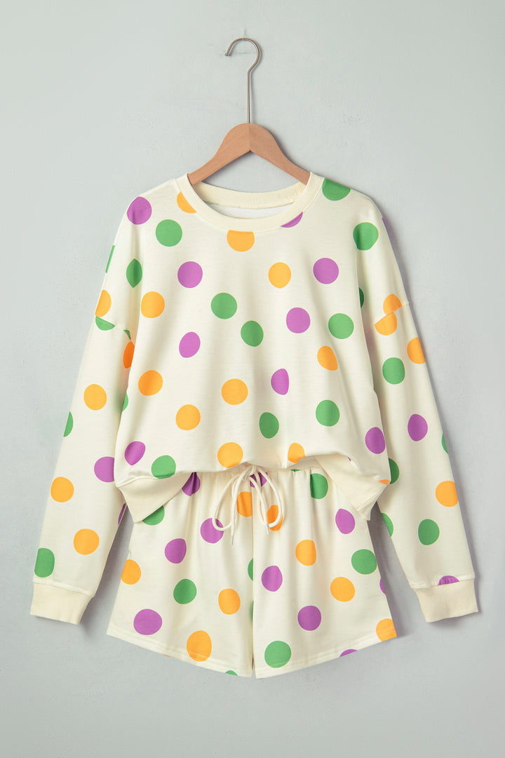 Multicolour Polka Dot Print Drop Shoulder Pullover Drawstring Shorts Set