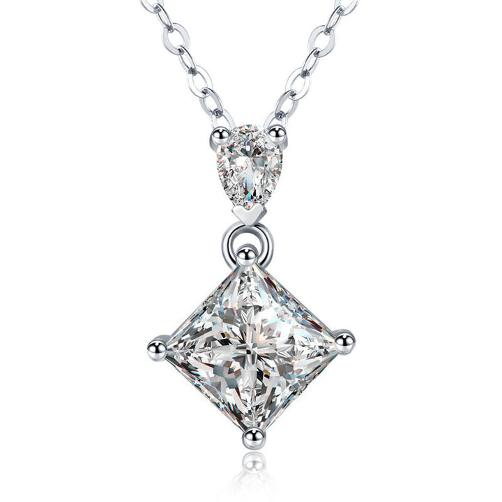 S925 Sterling Silver Princess & Pear Cut Two-Stone Necklace, 1ct D-VVS1 Moissanite Pendant, Platinum Plated 40&45cm Chain, GRA Certified Women's Jewelry Gift Box