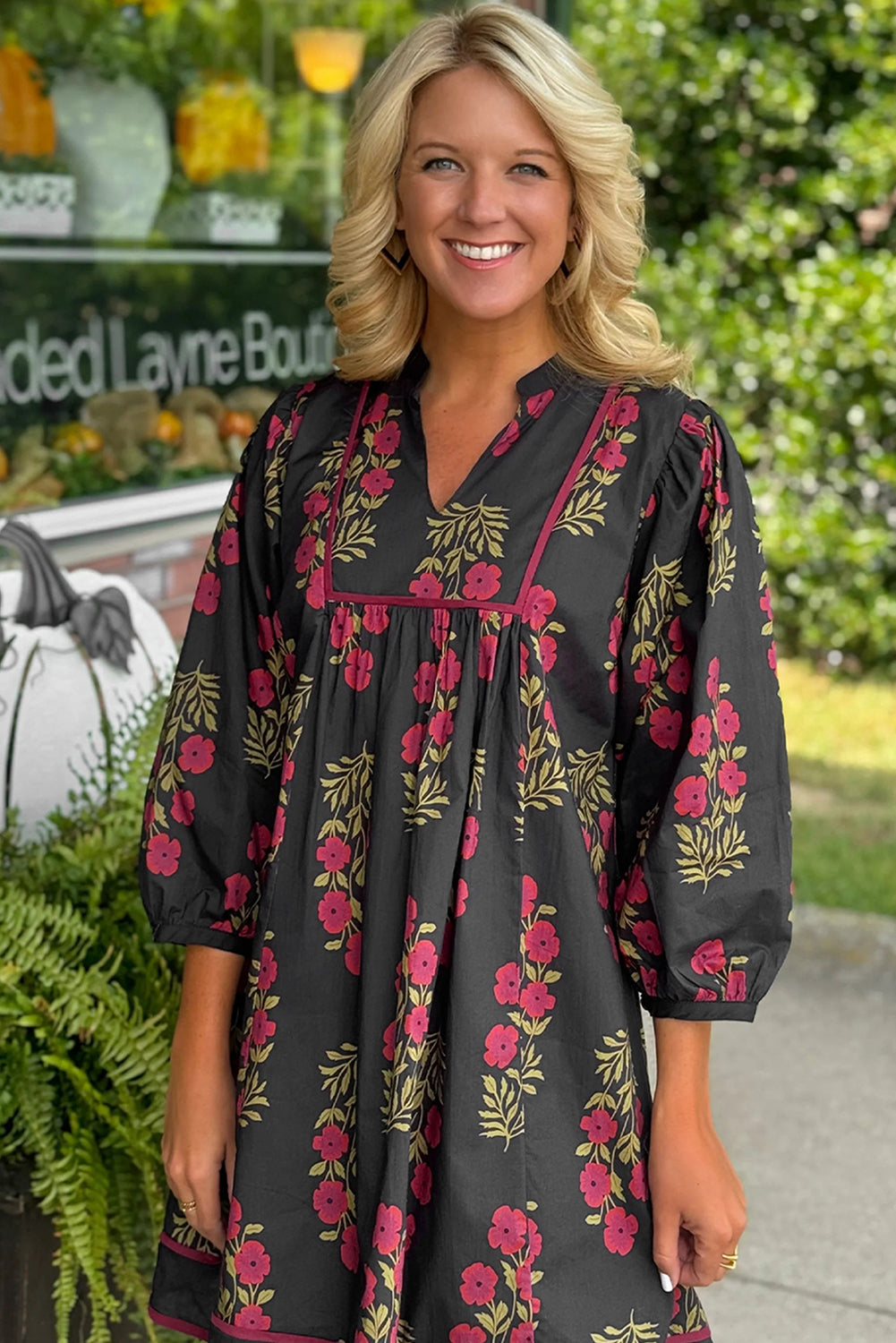 Black Floral Print Notched Neck Piping Trim Bracelet Sleeve Babydoll Dress