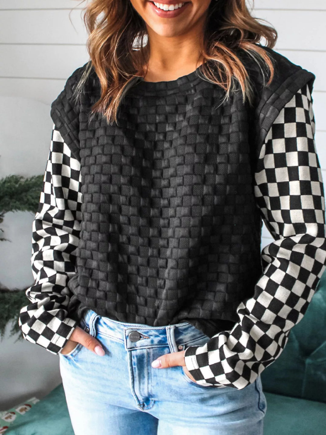 Textured Contrast Checkered Patchwork Long Sleeve Top