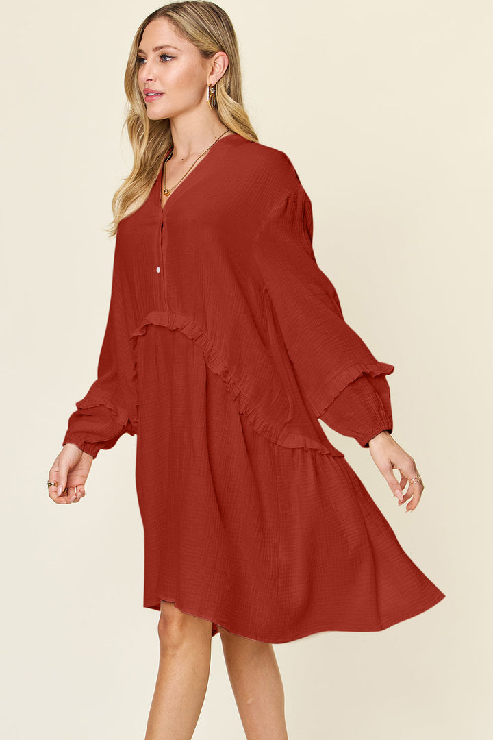 Textured Half-Button Ruffle Trim Dress
