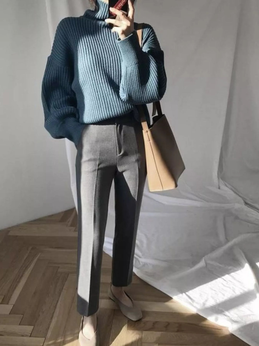 Oversized Turtleneck Ribbed Knit Sweater
