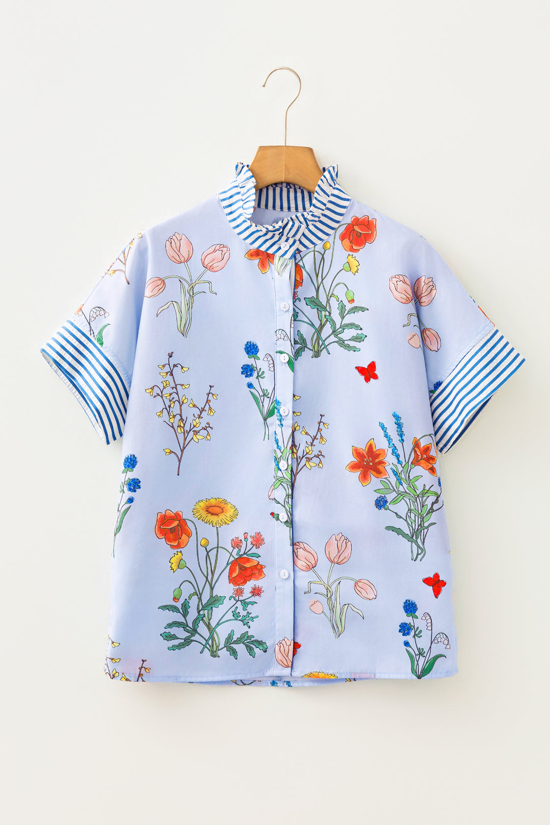 Beige Floral Striped Patchwork Ruffled Collar Short Sleeve Shirt