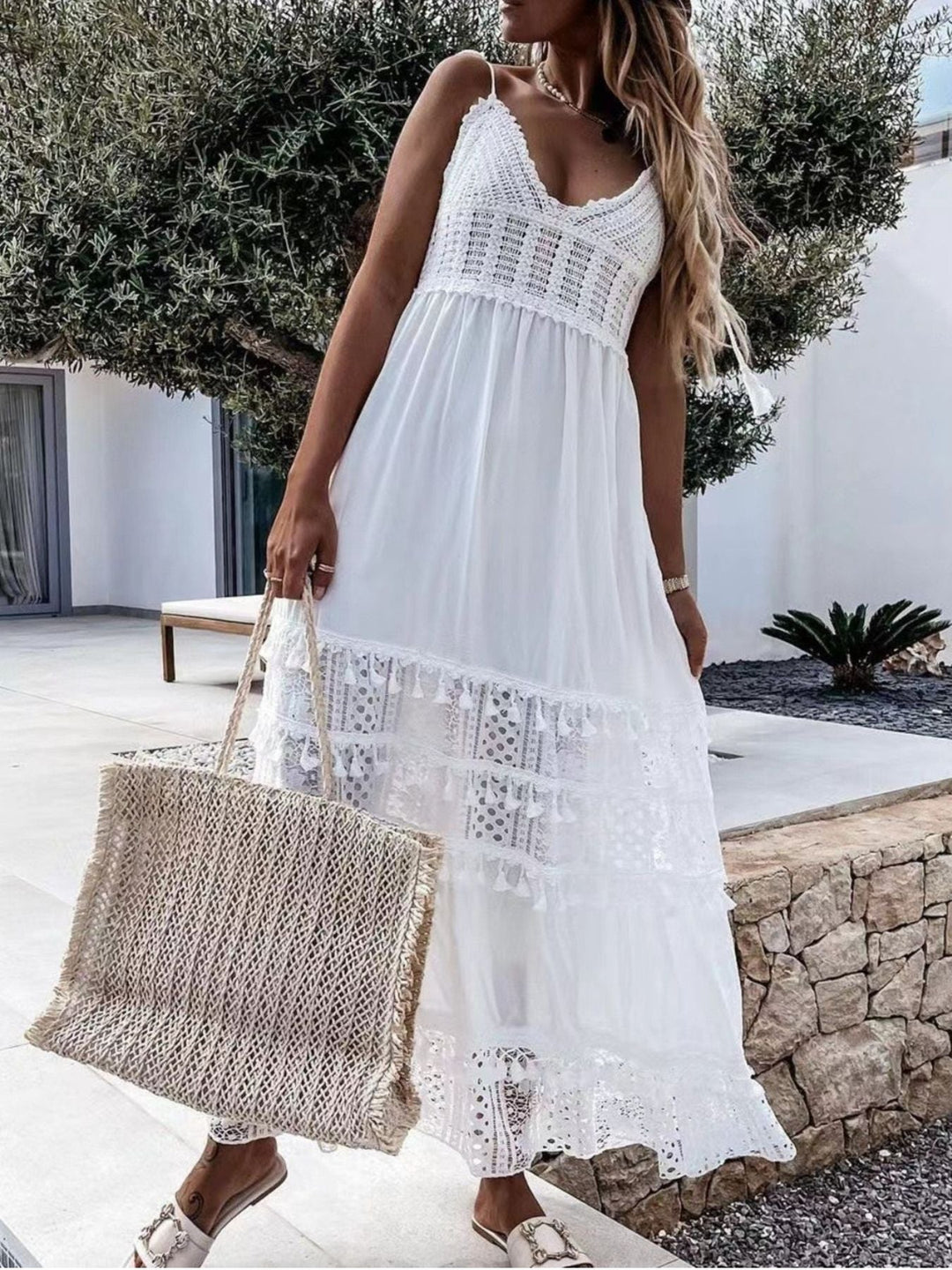 Full Size Bohemian Crochet Trimmed Cami Dress with Tassel Trim Plus Size