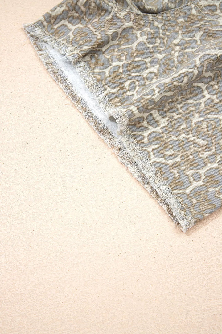 Raw Edge Leopard Print Denim Shorts