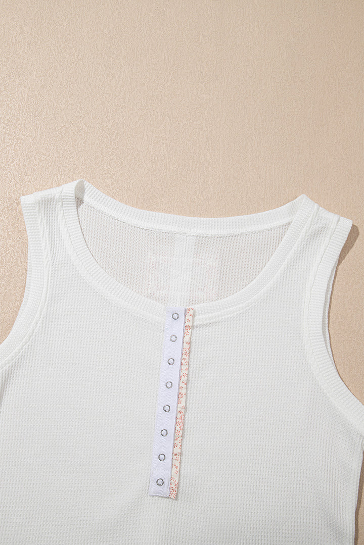 White Solid Color Waffle Knit Half Buttons Tank Top
