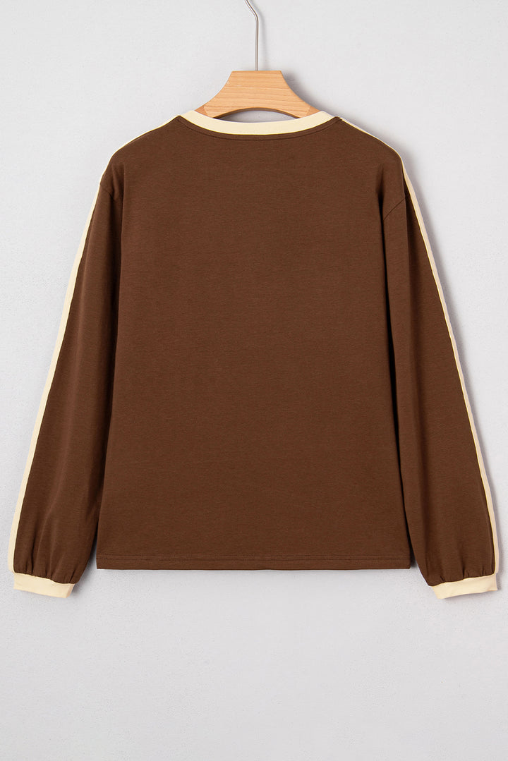 Dark Brown Varsity Striped Accent Contrast Crew Neck Long Sleeve T Shirt
