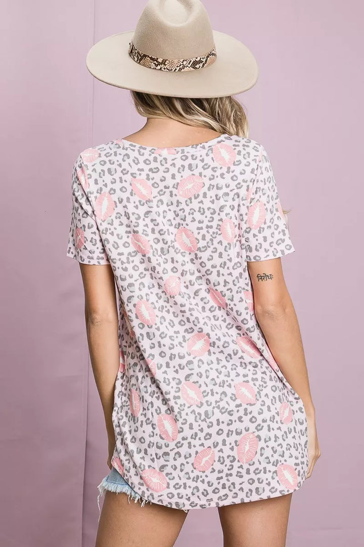 BiBi Leopard Lips Print Top V Neck Top
