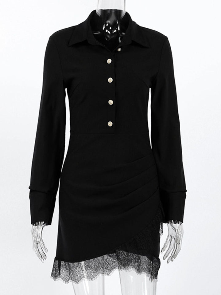 Lace Detail Button Front Long Sleeve Dress