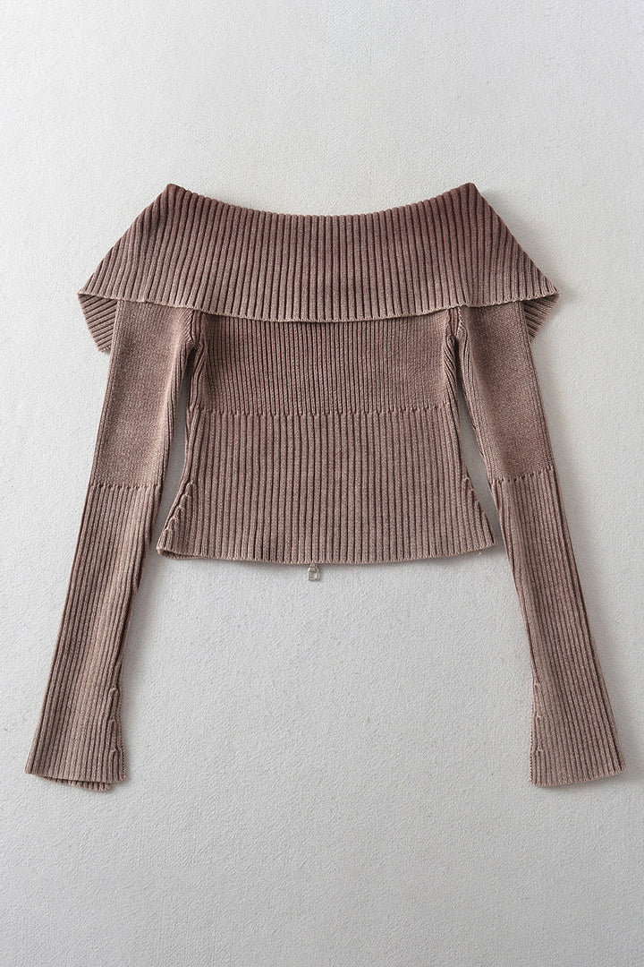 Back To School Sweater - Double Take Ribbed Off-Shoulder Zip Up Long Sleeve Cardigan