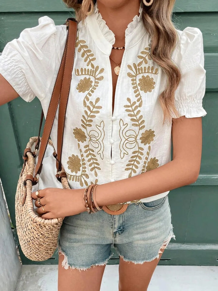 Embroidered Frill Notched Short Sleeve Blouse