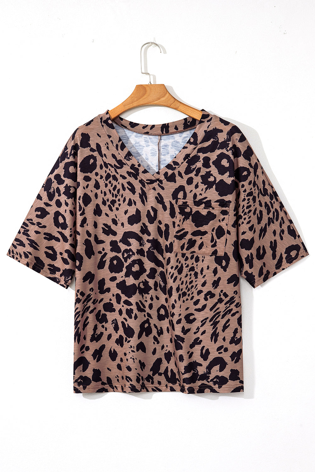 T-shirt surdimensionné marron à col en V et manches mi-longues à imprimé léopard