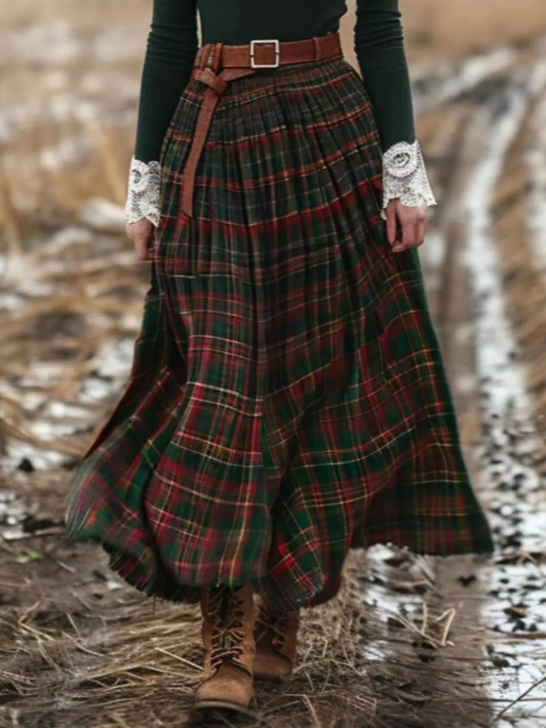 Plaid Maxi Dress with Lace Trim