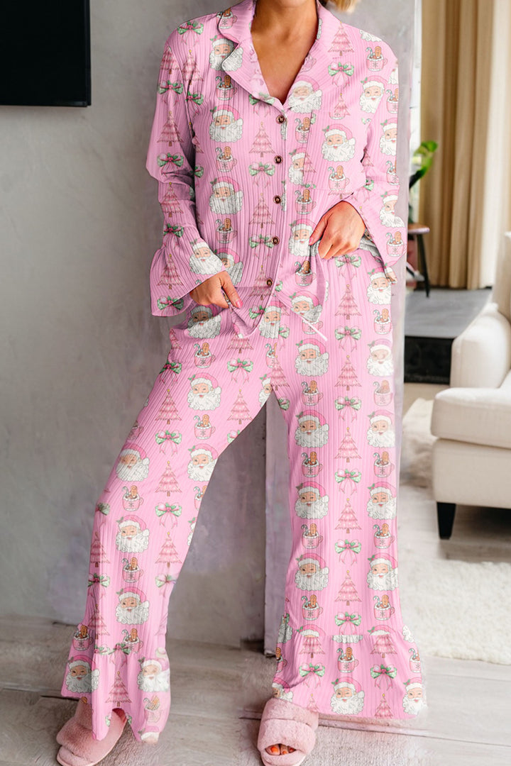 Pink Christmas Print Ruffled Ribbed Shirt & Pants 2 Piece PJ Set