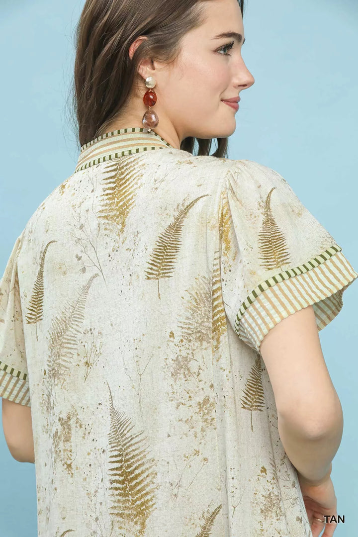 Umgee Linen Printed Button-Front Tiered Mini Dress