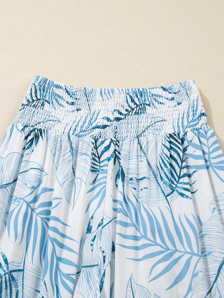 Tropical Print Shirred Waistband Wide Leg Pants