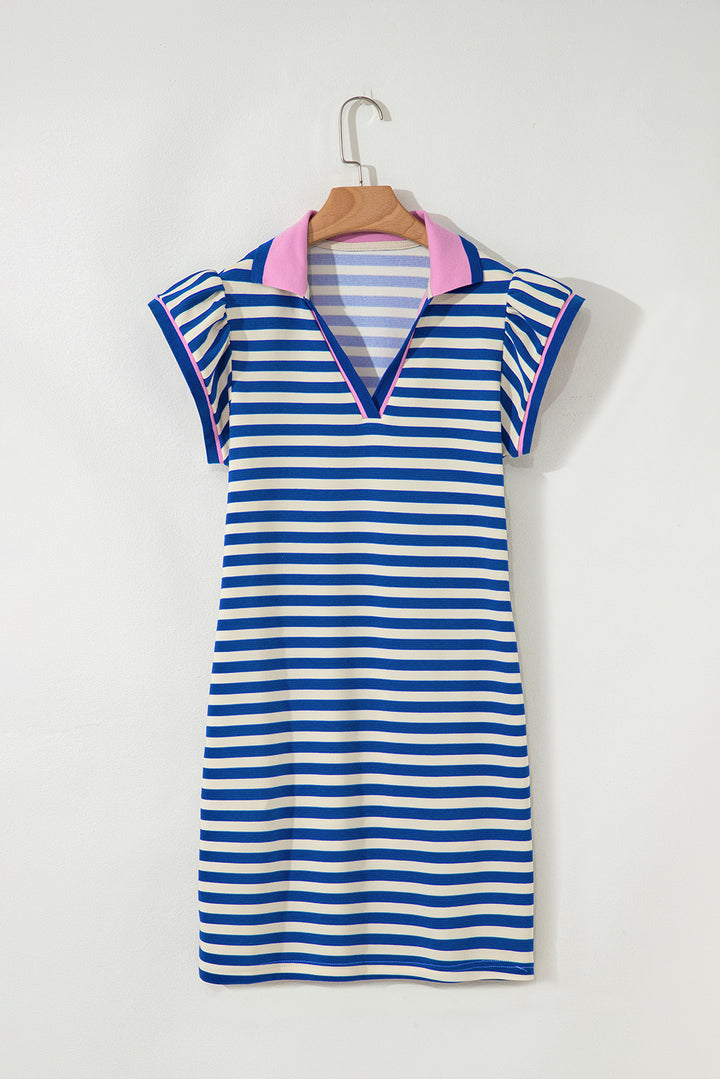 Dark Blue Stripe Print Contrast Collar Split Neck Flutter Sleeve Short Dress