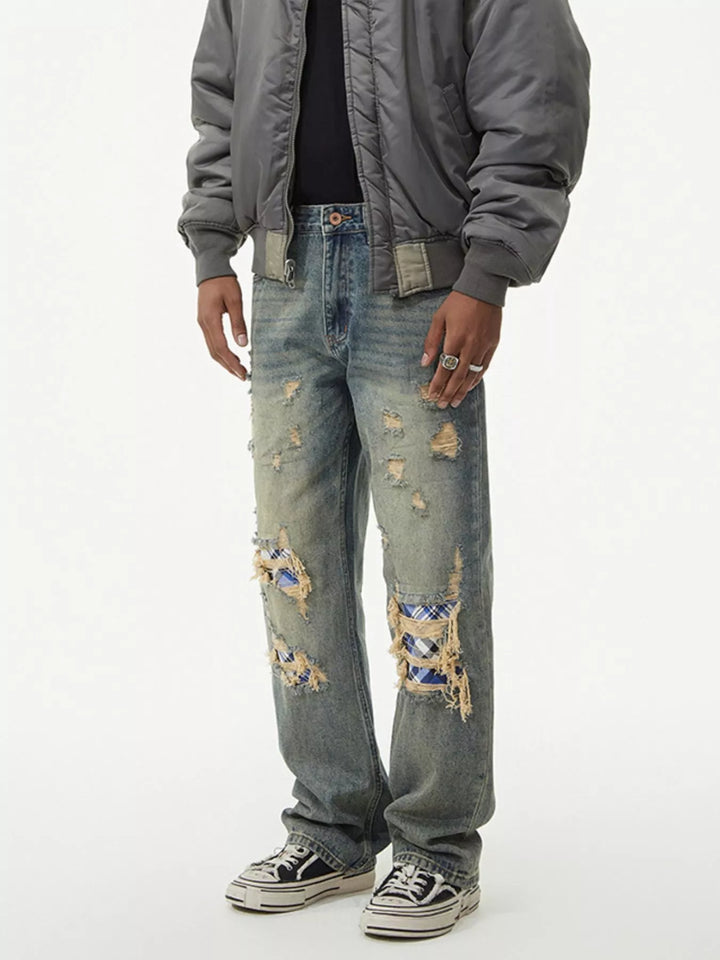 Men's Distressed Plaid Patch Wide Leg Jeans