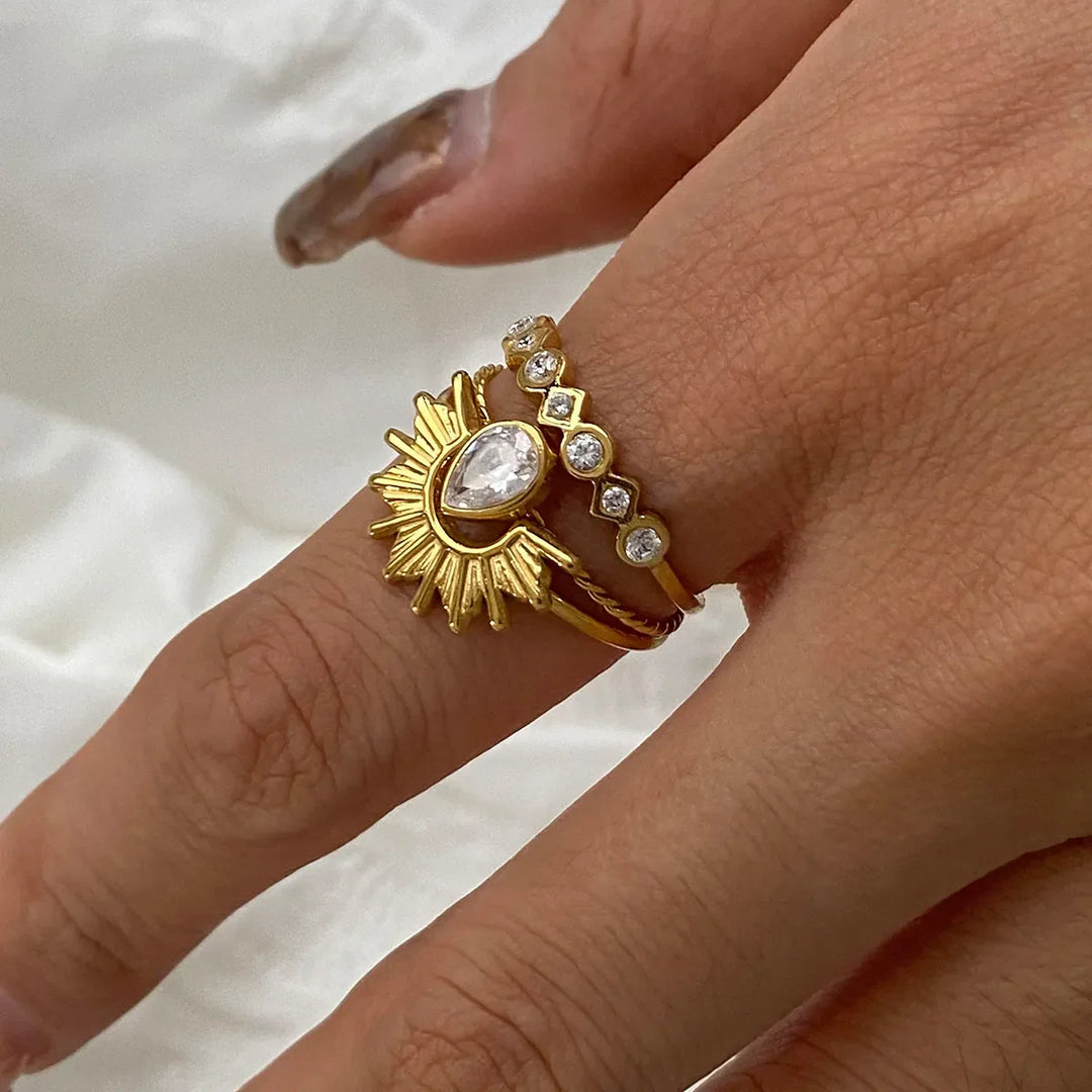 3 Piece Stainless Steel Rhinestone Sunburst Crown Ring
