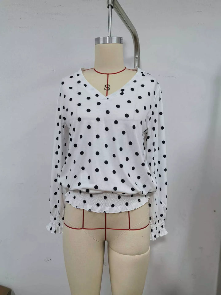 Polka Dot V-Neck Smocked Blouse