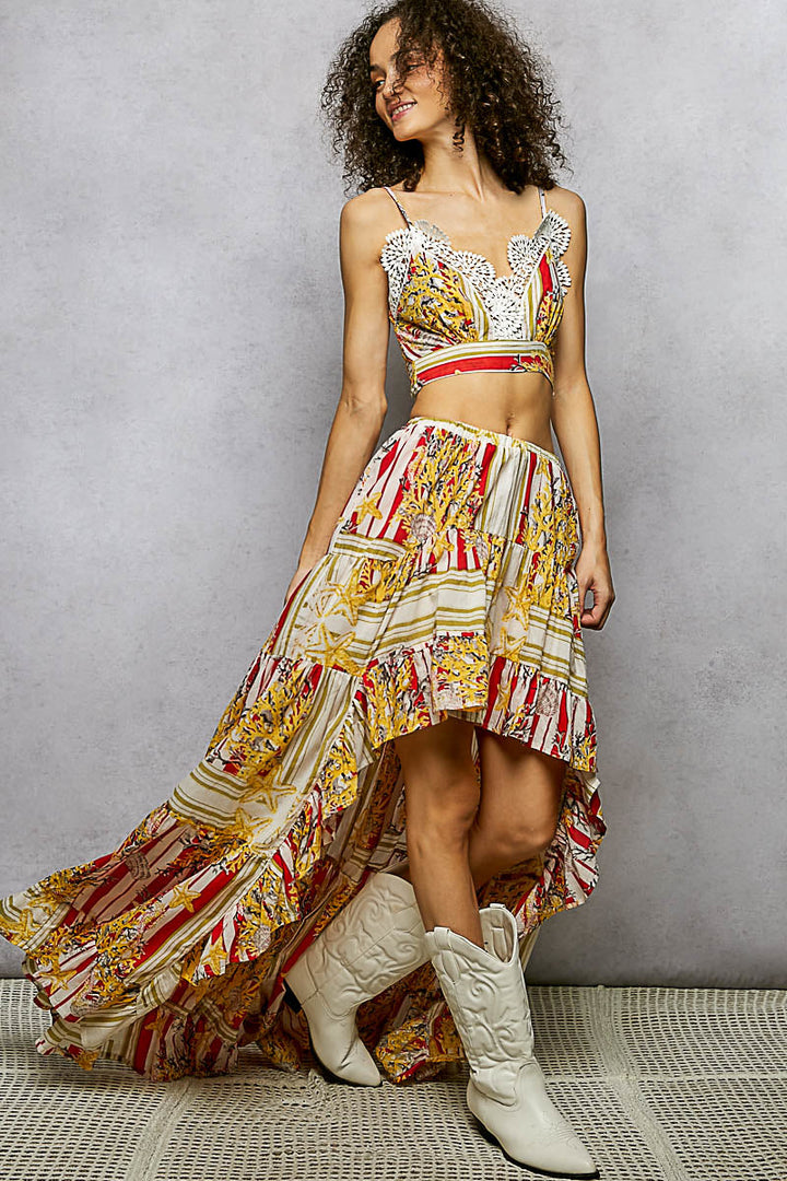 POL Boho Chic Floral Print Crop Top and High-Low Skirt Set