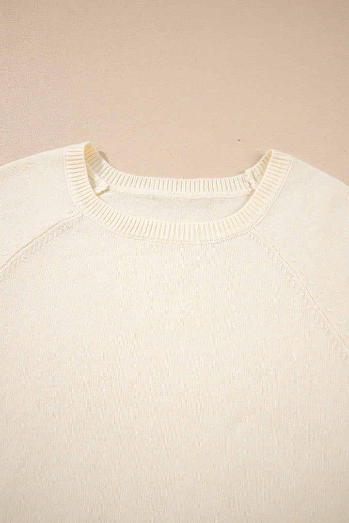 White Buttoned Bishop Sleeve Crew Neck Sweater