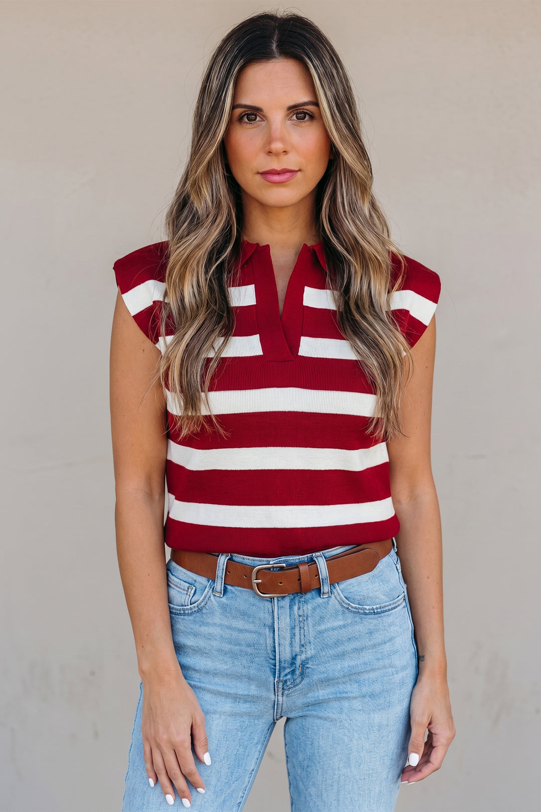 Red Stripe Collared Split Neck Sweater Vest