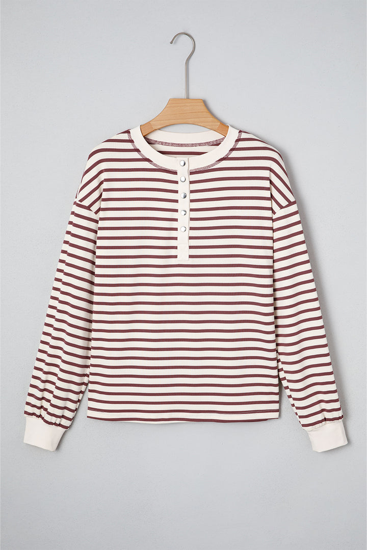 Red Dahlia Striped Print Drop Shoulder Long Sleeve Henley Top