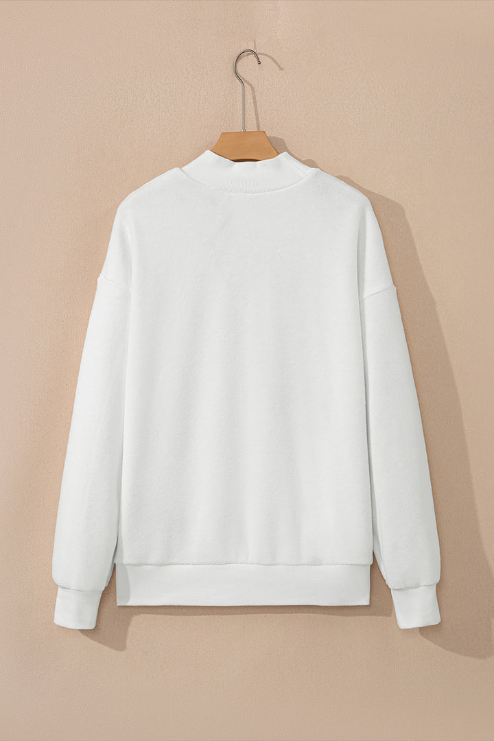White Oversize Drop Shoulder Reversible Mock Neck Sweatshirt