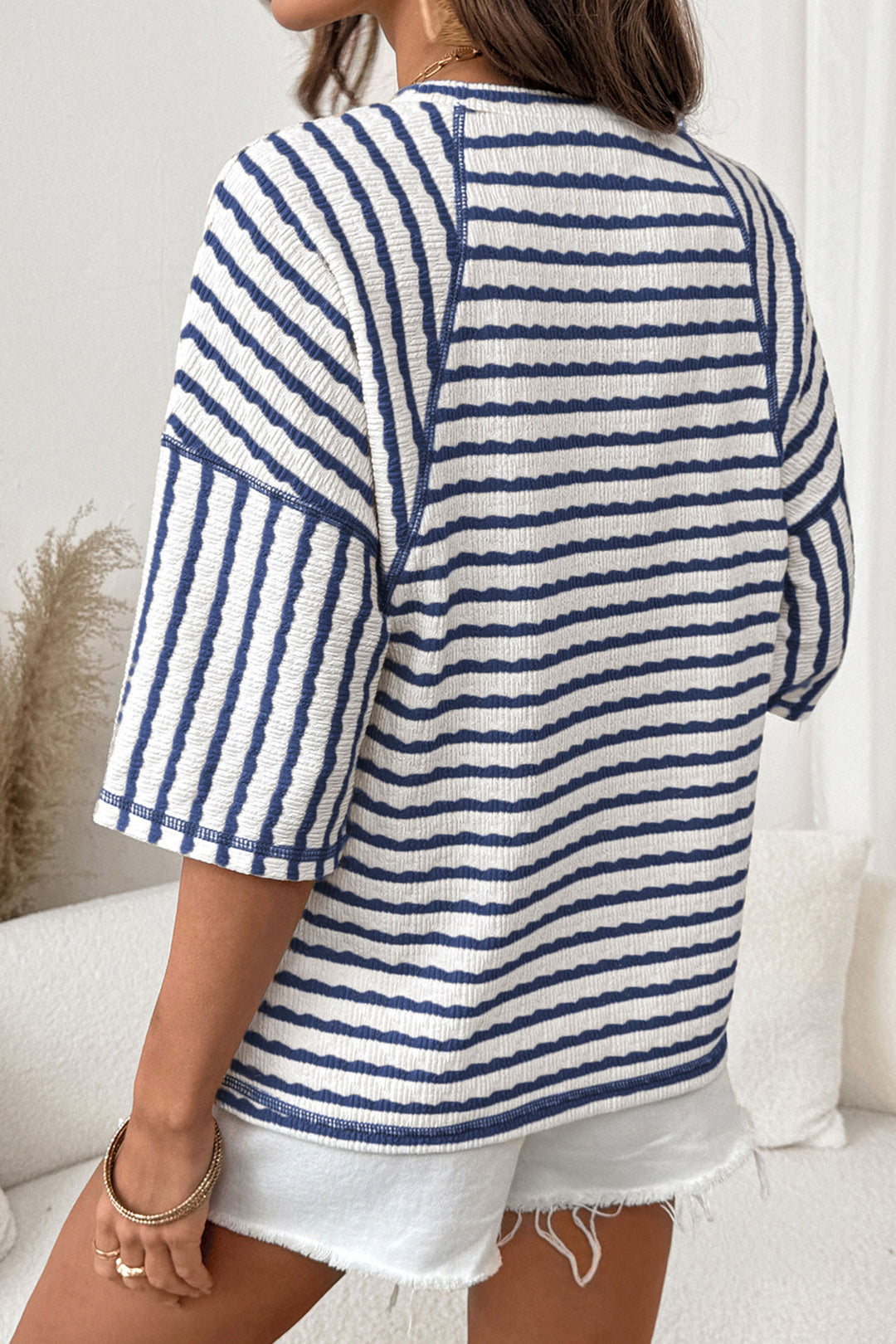 Blue Stripe Textured Knit USA Chenille Lettering Oversize Tee