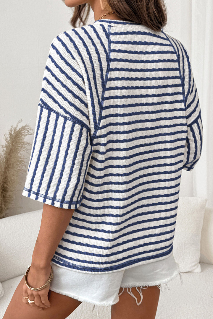 Blue Stripe Textured Knit USA Chenille Lettering Oversize Tee