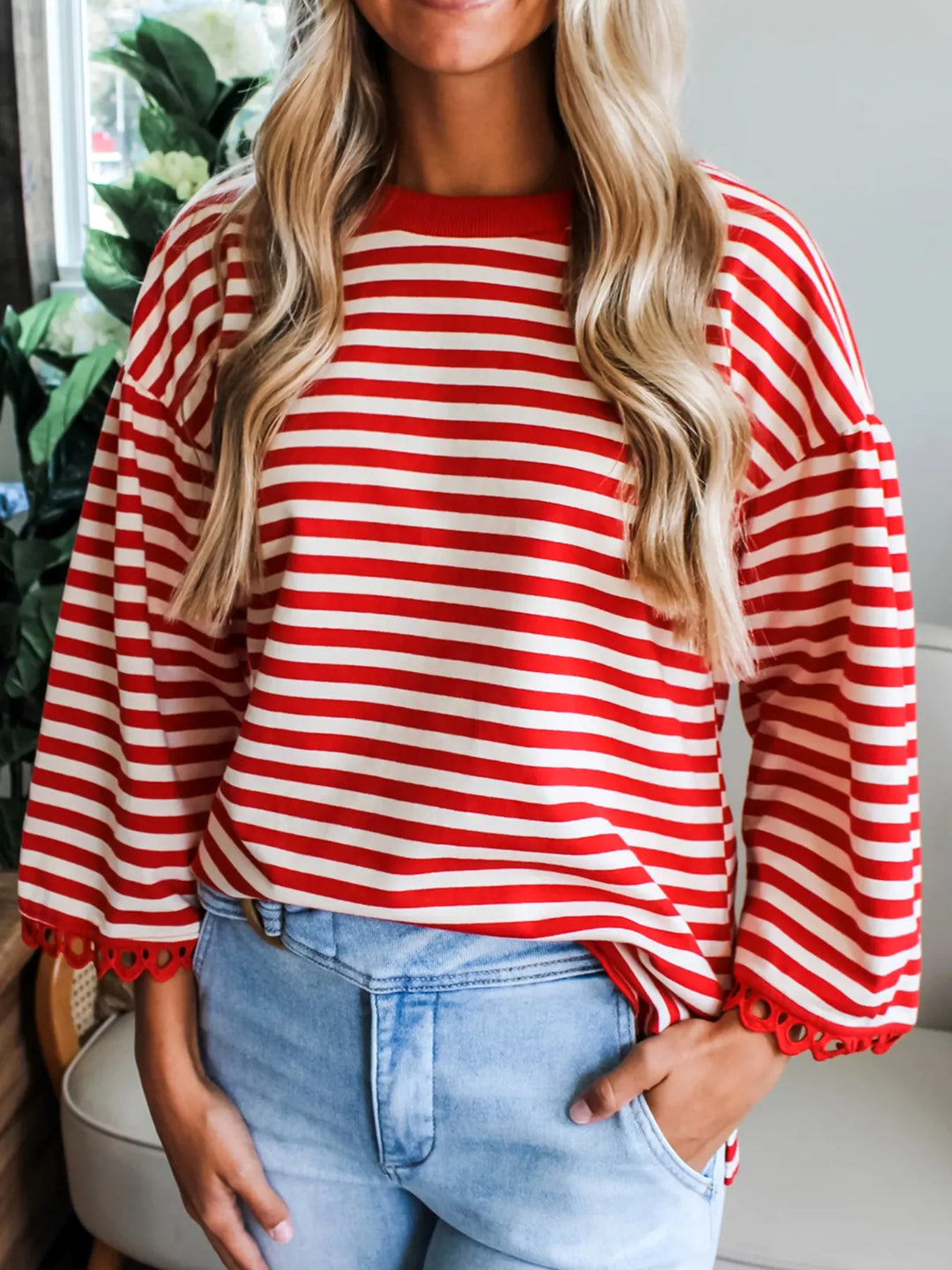 Striped Print Drop Shoulder Lace Trim Loose Top
