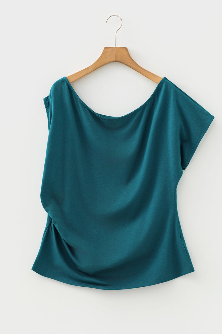 Blue Sapphire Plus Size Solid Color Asymmetric Neck Short Sleeve Blouse
