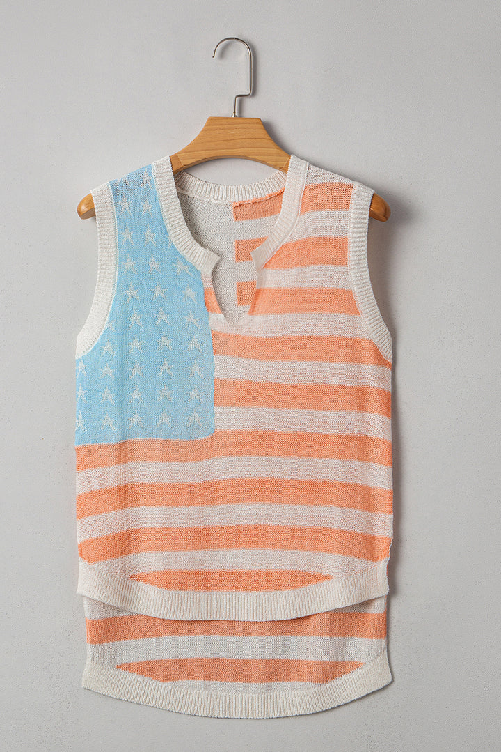 Beige USA Flag Notched Neckline Loose Sweater Vest